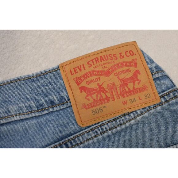 Levi's 505 Regular Fit Straight Stretch Denim Blue Jeans Mens Size 34 x 32 - Picture 2 of 8